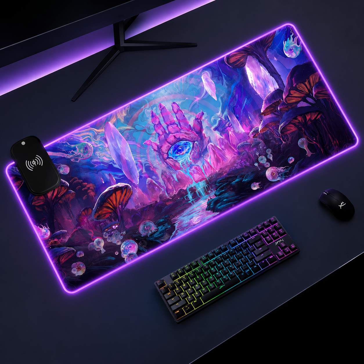 Angled dark desk setup with the Psychic RGB deskmat glowing purple beside a keyboard, mouse, and wireless charging module.