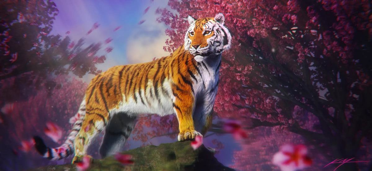 Sakura Tiger artwork by Keegan Moore with a tiger among cherry blossoms.