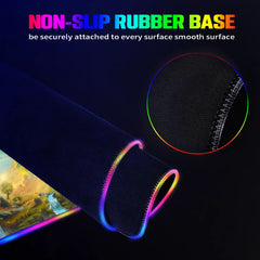 Close-up of the rolled Seasons RGB deskmat showing its black rubber underside and illuminated stitched edge.