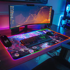 Gaming desk setup with the Psychic RGB deskmat, keyboard, mouse, and widescreen monitor.