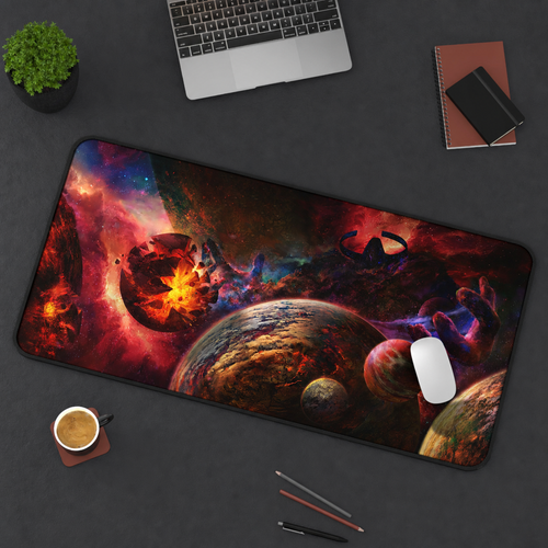 Cataclysm 16 by 36 deskmat in a workspace