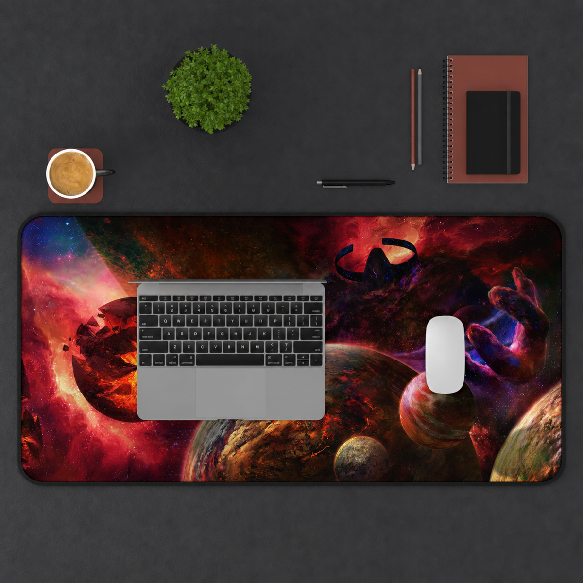 Cataclysm 16 by 36 deskmat top-down workspace view