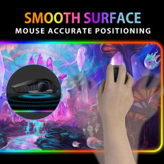 Hand using a mouse on the Psychic RGB deskmat, with a close-up inset of the mouse surface.
