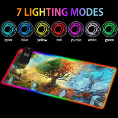 Seasons RGB deskmat beneath seven labeled RGB lighting color examples.