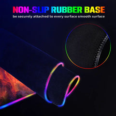 Close-up of the rolled The Cradle RGB deskmat showing its black rubber underside and illuminated stitched edge.