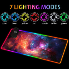 The Cradle RGB deskmat beneath seven labeled RGB lighting color examples.