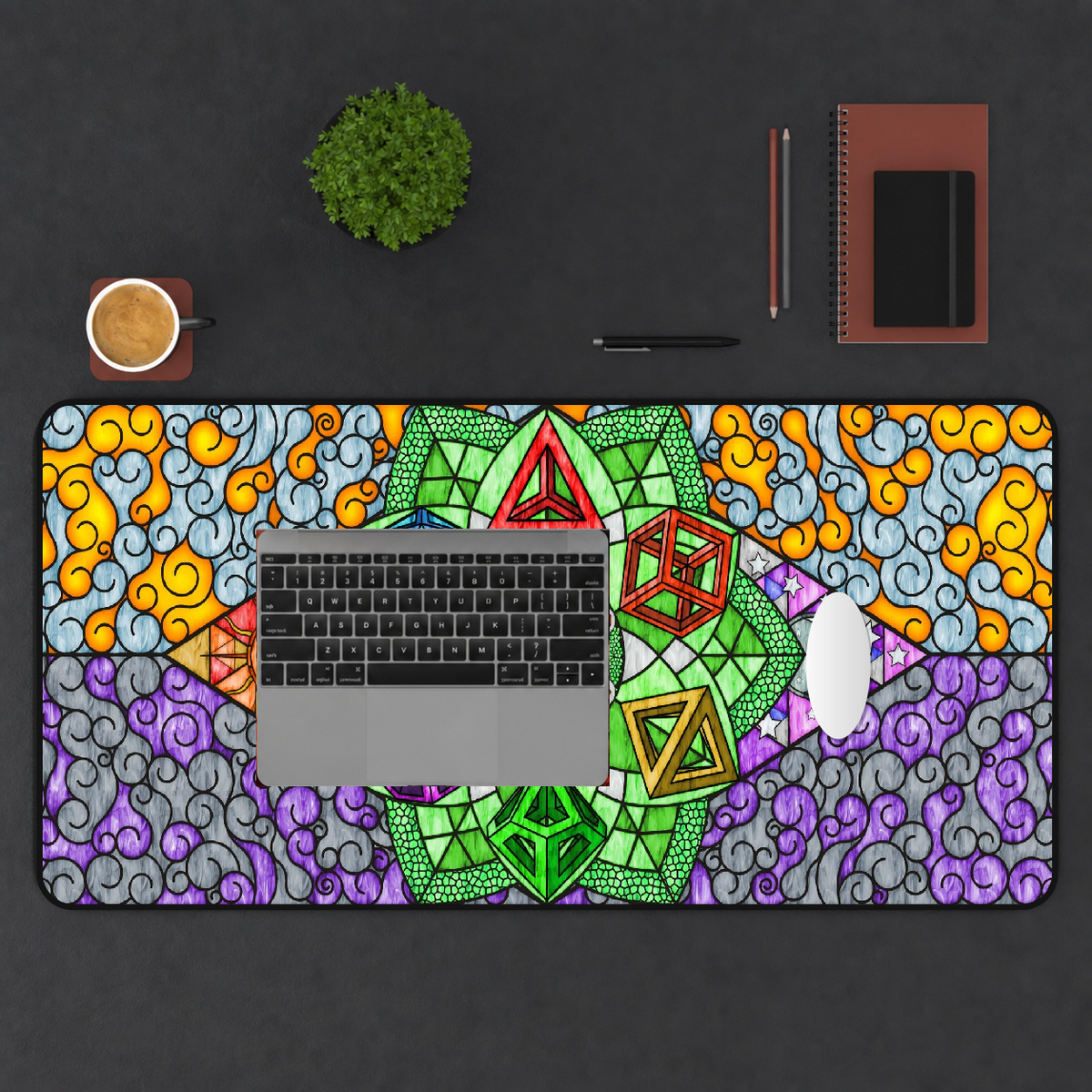 Elemental Uprise printed mat in a top-down workspace.