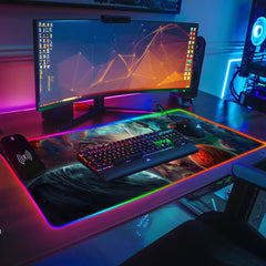 Gaming desk setup with the Exoplanets RGB deskmat, keyboard, mouse, and widescreen monitor.