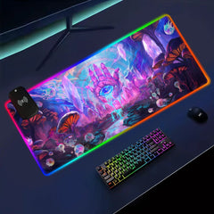 Angled desk setup with the Psychic RGB deskmat, multicolor edge lighting, keyboard, mouse, and wireless charging module.