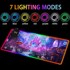 Psychic RGB deskmat beneath seven labeled RGB lighting color examples.
