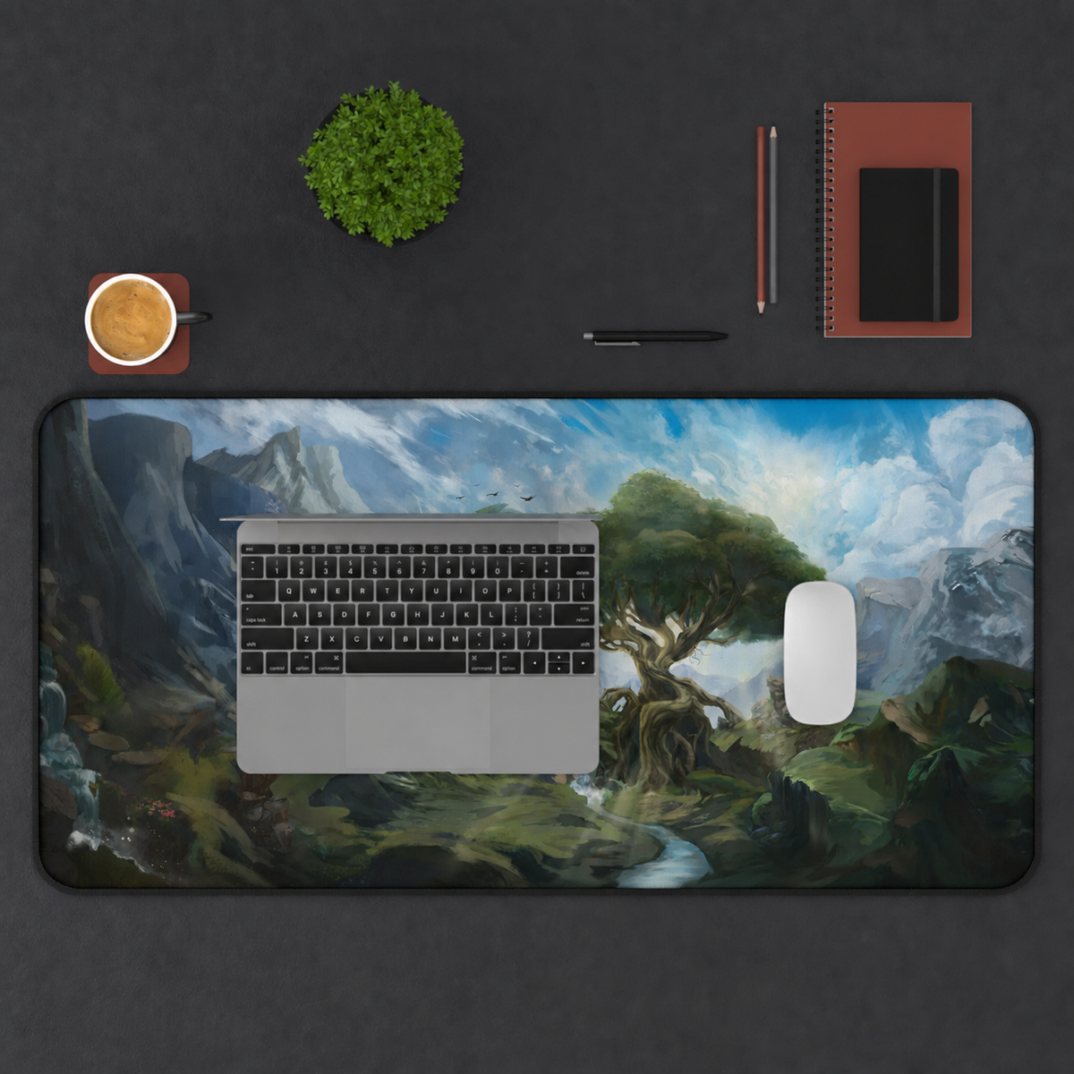 Garden of Eden 16 by 36 deskmat top-down workspace view