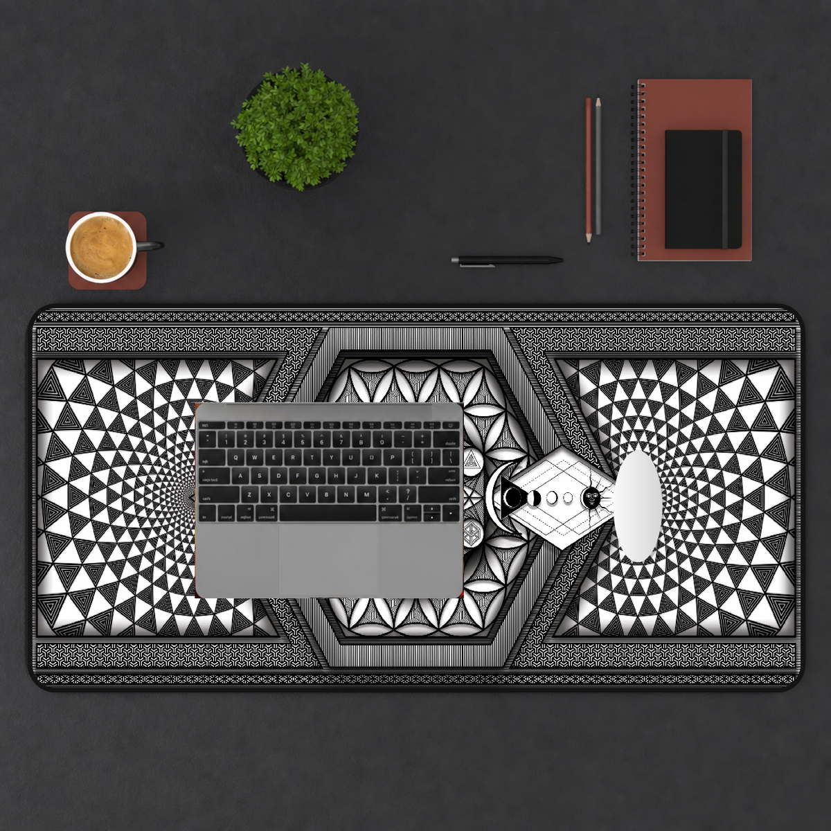 Portal printed mat in a top-down workspace.