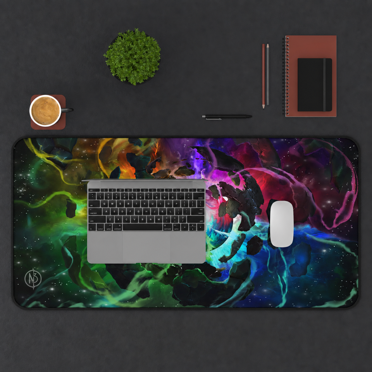 Primordial 16 by 36 deskmat top-down workspace view