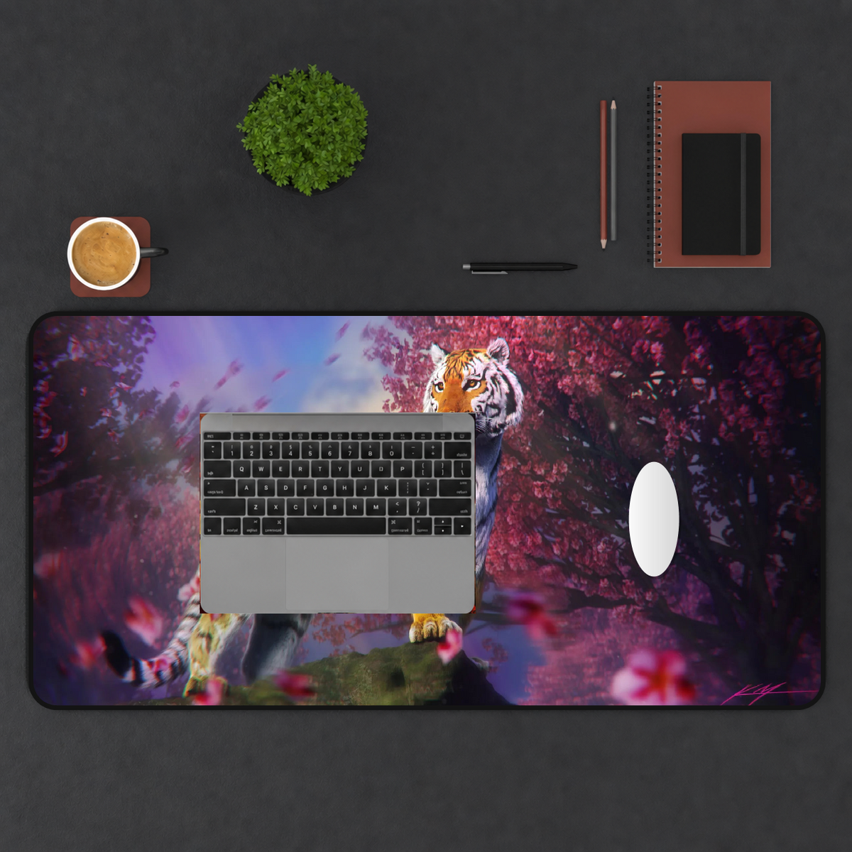 Sakura Tiger printed mat in a top-down workspace.