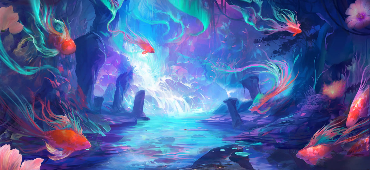 Panoramic fantasy art by Nolan Nasser of orange fish swimming through a glowing blue-violet grotto and waterfall.