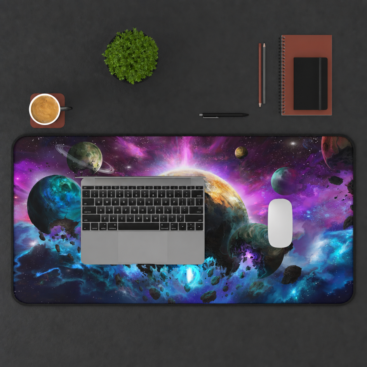 Transitus 16 by 36 deskmat top-down workspace view